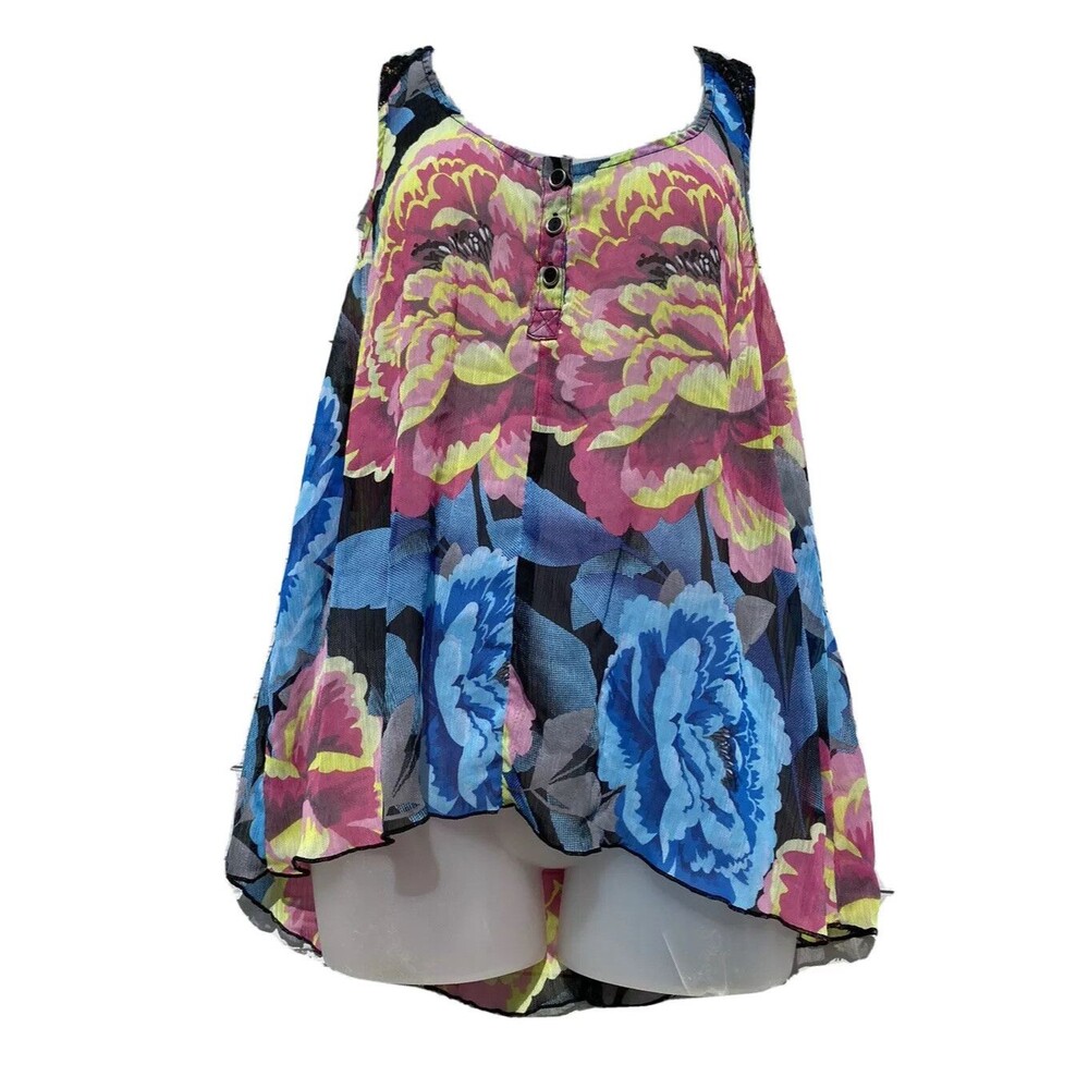 CANDIES Blue Black Pink Floral Lace Tank Shirt Top Jrs Sz Medium Sheer FLAW
